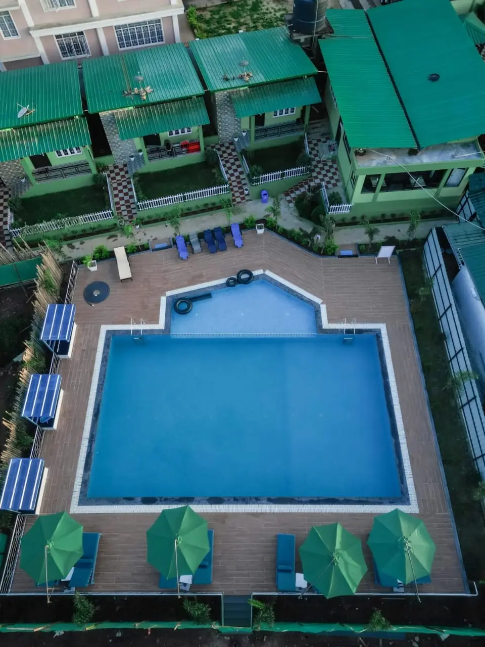 Aerial view of the pool and loungers