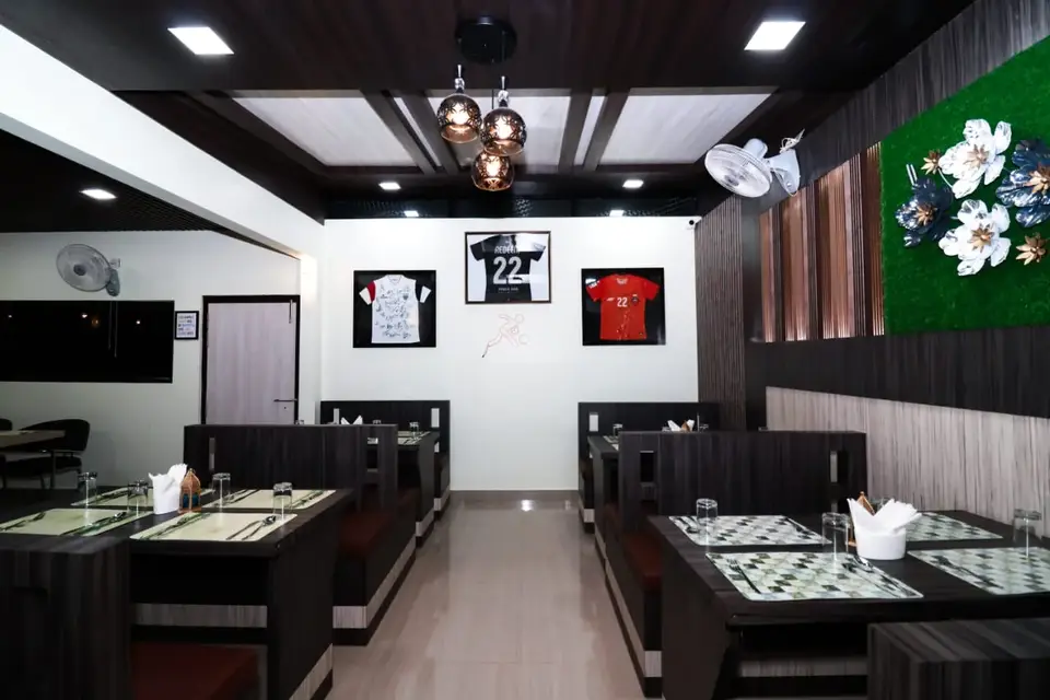 Booth seating and sports jerseys in the dining hall